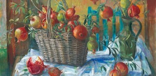 Margaret Olley, Australia 1923-2011 / Pomegranates in a basket 1967 / Oil on board / 76 x 101cm / Private collection / © Margaret Olley Art Trust