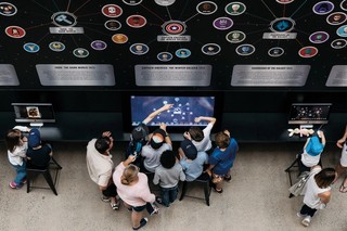 ‘Decoding the Cinematic Universe’ was an interactive display developed by QAGOMA in conjunction with the Queensland University of Technology for ‘Marvel: Creating the Cinematic Universe’. It enabled visitors to explore the attributes of their favourite characters and discover the complex connections between them, GOMA, May 2017 / Photograph: Joe Ruckli