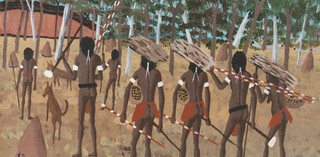Goobalathaldin Dick Roughsey, Lardil people, Australia 1924-1985, Tribe on the move in the past, Cape York 1983, Oil on board / 30 x 40cm. Gift of Simon, Maggie and Pearl Wright through the Queensland Art Gallery | Gallery of Modern Art Foundation 2015. Donated through the Australian Government's Cultural Gifts Program / Collection: Queensland Art Gallery | Gallery of Modern Art. © Dick Goobalathaldin Roughsey/Licensed by Copyright Agency