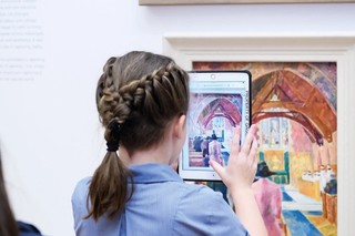 Students taking a closer look at Grace Cossington Smith’s Church interior c.1941–42 during a tour of the Australian art collection, QAG, June 2018 / Purchased 2001 with funds raised through The Grace Cossington Smith Queensland Art Gallery Foundation Appeal / © Estate of Grace Cossington Smith / Photograph: Chloe Callistemon © QAGOMA